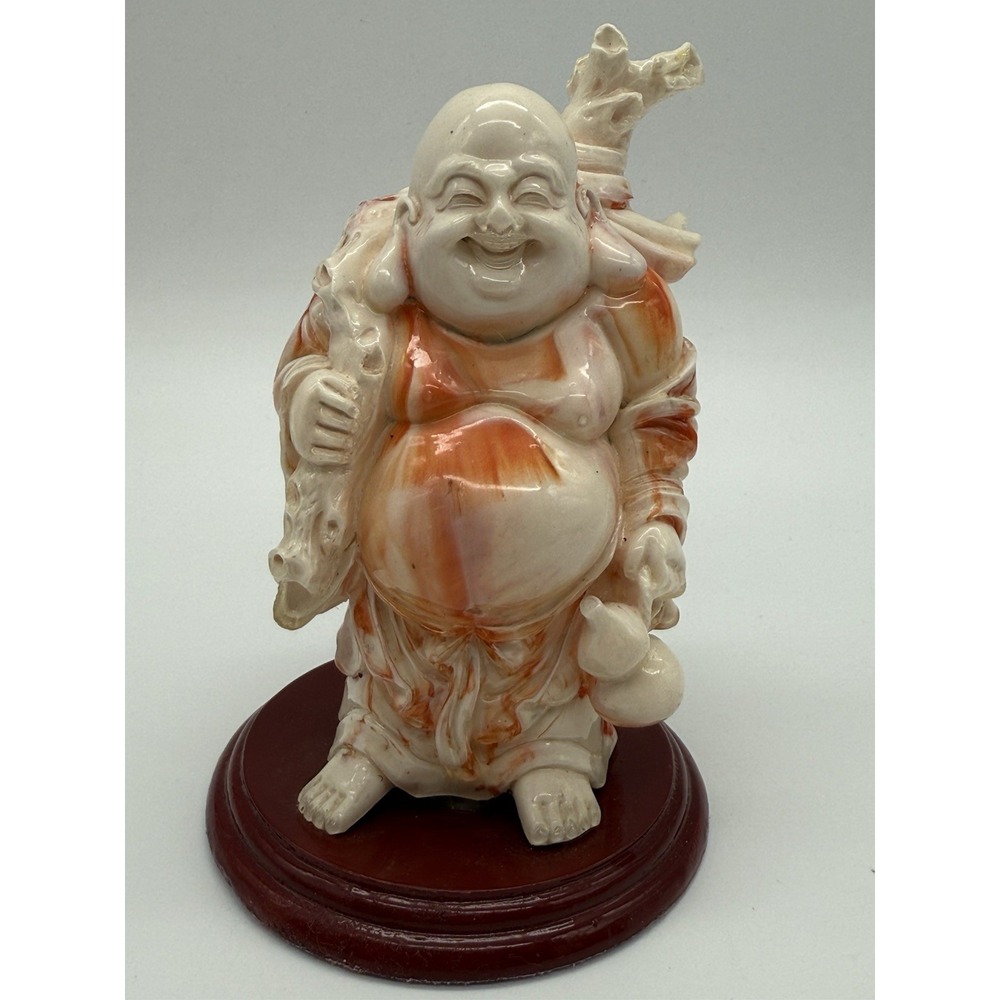 Laughing Buddha Happy Feng Shui Faux Stone Statue 5.75" Heavy Orange & White